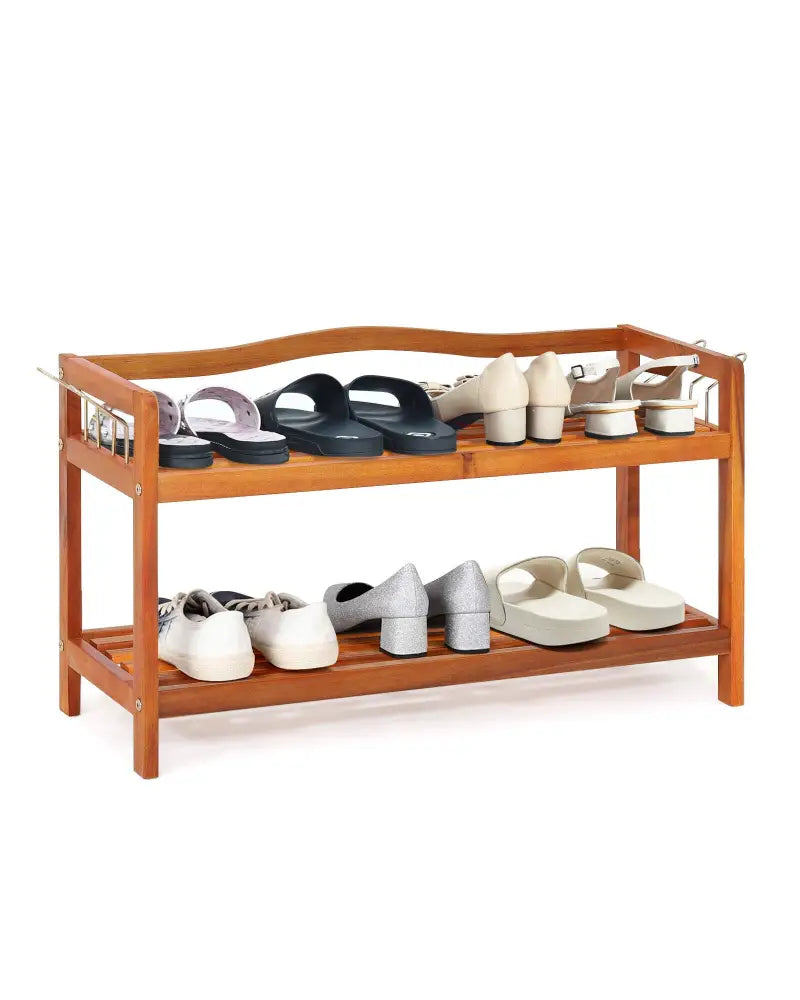 2-Tier Acacia Wood Shoe Rack with 4 Side Metal Hooks - Natural - Shoe Racks & Storage Benches