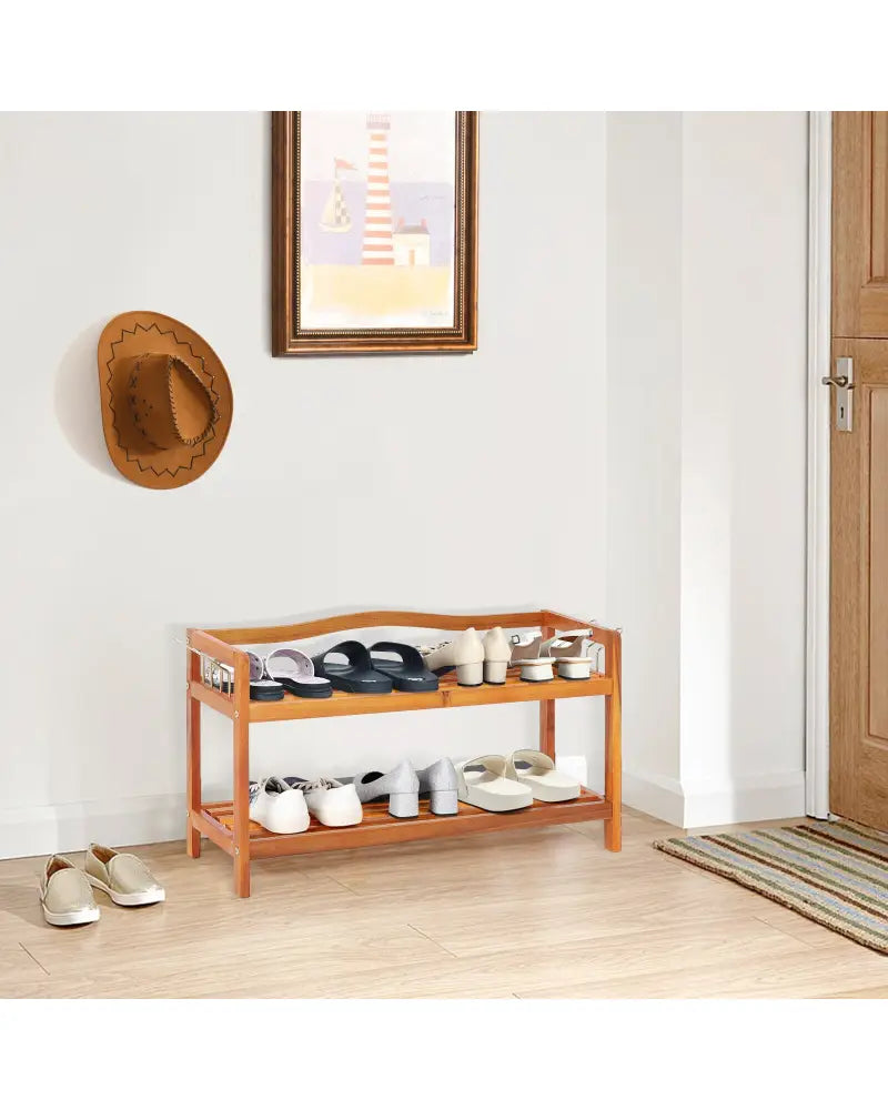 2-Tier Acacia Wood Shoe Rack with 4 Side Metal Hooks - Natural - Shoe Racks & Storage Benches