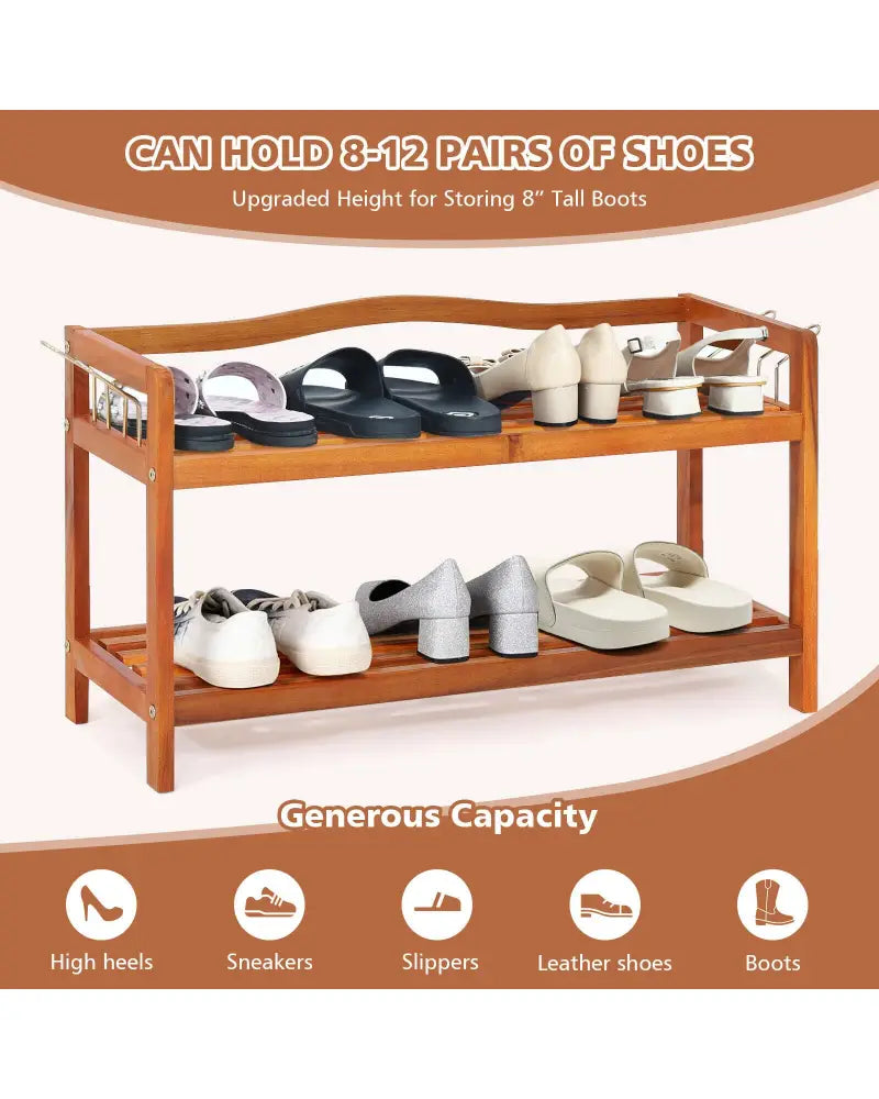 2-Tier Acacia Wood Shoe Rack with 4 Side Metal Hooks - Natural - Shoe Racks & Storage Benches