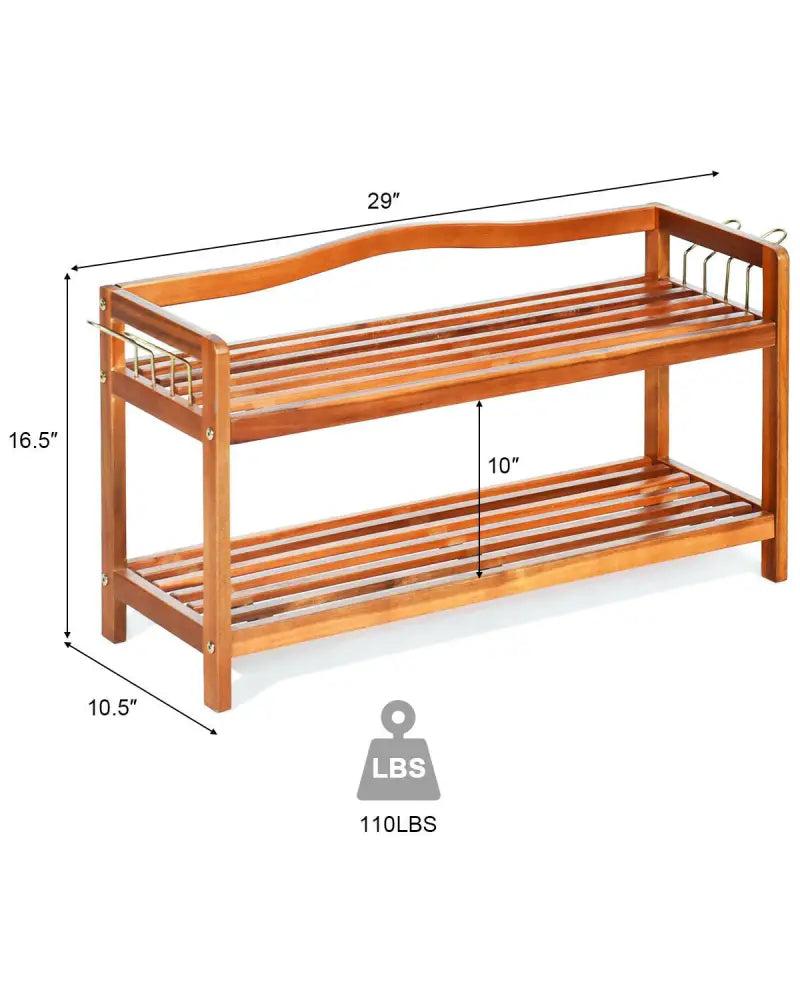 2-Tier Acacia Wood Shoe Rack with 4 Side Metal Hooks - Natural - Shoe Racks & Storage Benches