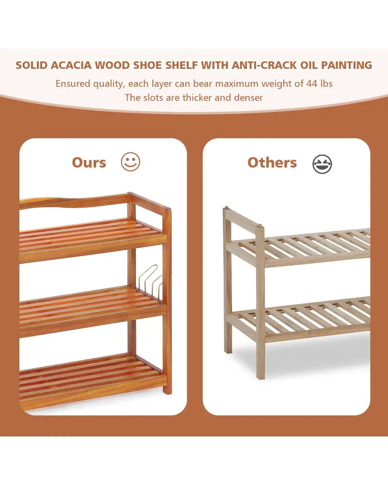 2-Tier Acacia Wood Shoe Rack with 4 Side Metal Hooks - Natural - Shoe Racks & Storage Benches