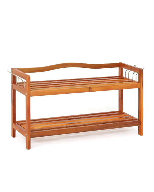 2-Tier Acacia Wood Shoe Rack with 4 Side Metal Hooks - Natural - Shoe Racks & Storage Benches