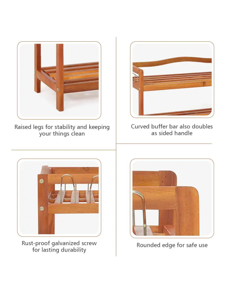 2-Tier Acacia Wood Shoe Rack with 4 Side Metal Hooks - Natural - Shoe Racks & Storage Benches