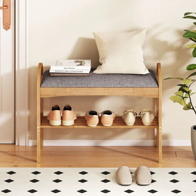 2-Tier Bamboo Shoe Bench with Padded Cushion and Shelf-Gray - Gray - Shoe Racks & Storage Benches