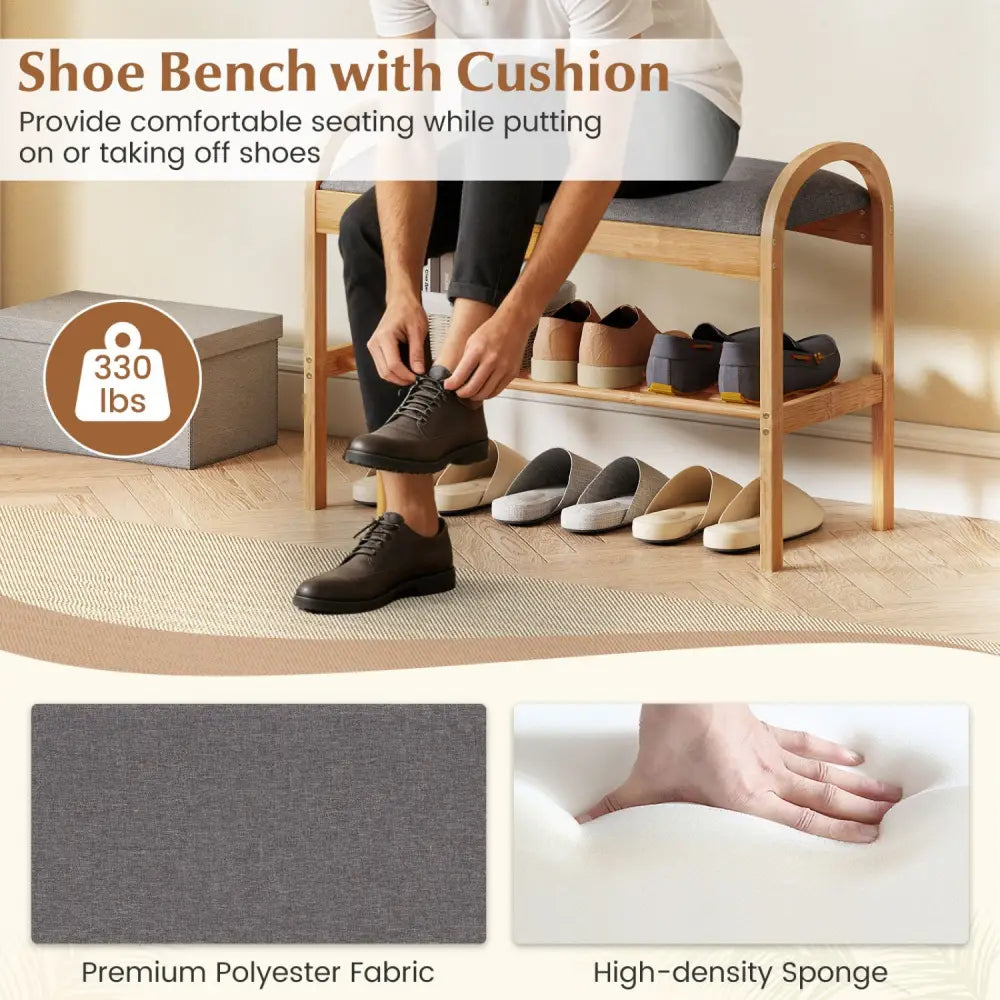 2-Tier Bamboo Shoe Bench with Padded Cushion and Shelf-Gray - Gray - Shoe Racks & Storage Benches