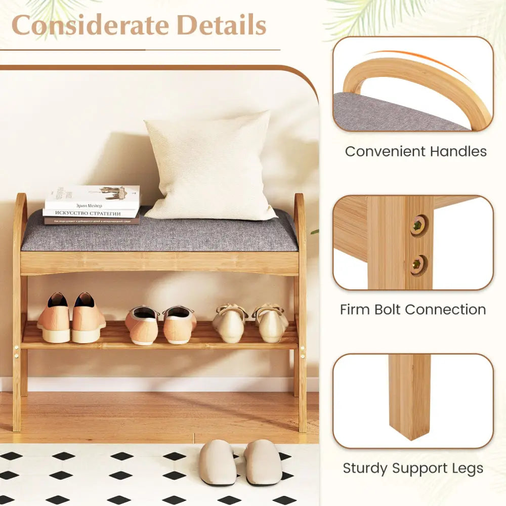 2-Tier Bamboo Shoe Bench with Padded Cushion and Shelf-Gray - Gray - Shoe Racks & Storage Benches