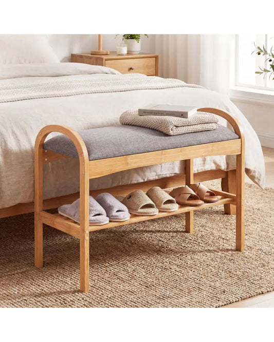 2-Tier Bamboo Shoe Bench with Padded Cushion and Shelf-Gray - Gray - Shoe Racks & Storage Benches