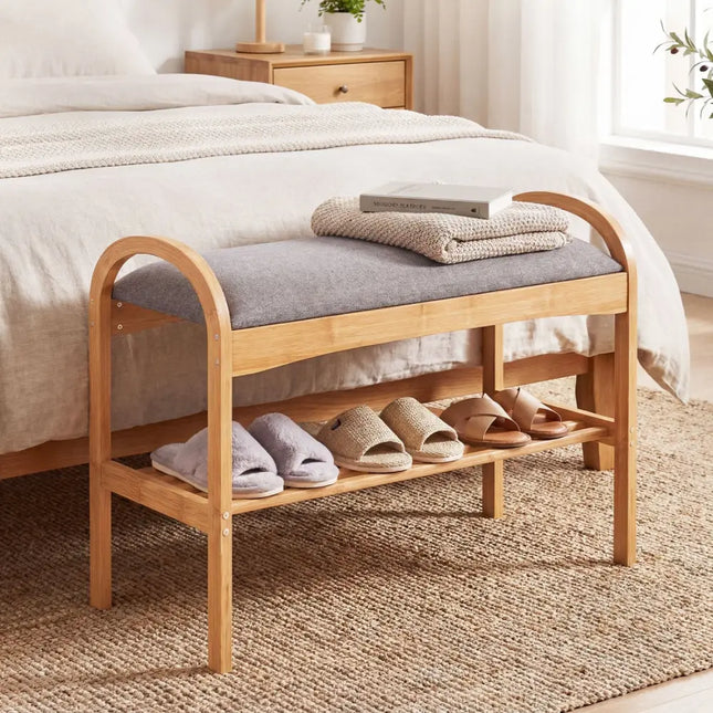 2-Tier Bamboo Shoe Bench with Padded Cushion and Shelf-Gray - Gray - Shoe Racks & Storage Benches