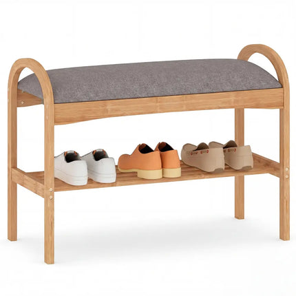 2-Tier Bamboo Shoe Bench with Padded Cushion and Shelf-Gray - Gray - Shoe Racks & Storage Benches
