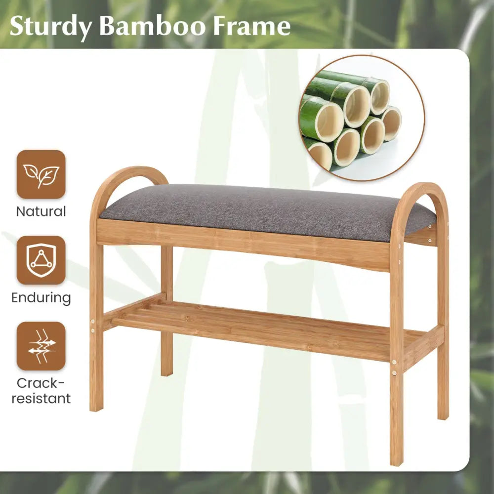 2-Tier Bamboo Shoe Bench with Padded Cushion and Shelf-Gray - Gray - Shoe Racks & Storage Benches