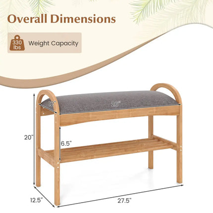 2-Tier Bamboo Shoe Bench with Padded Cushion and Shelf-Gray - Gray - Shoe Racks & Storage Benches
