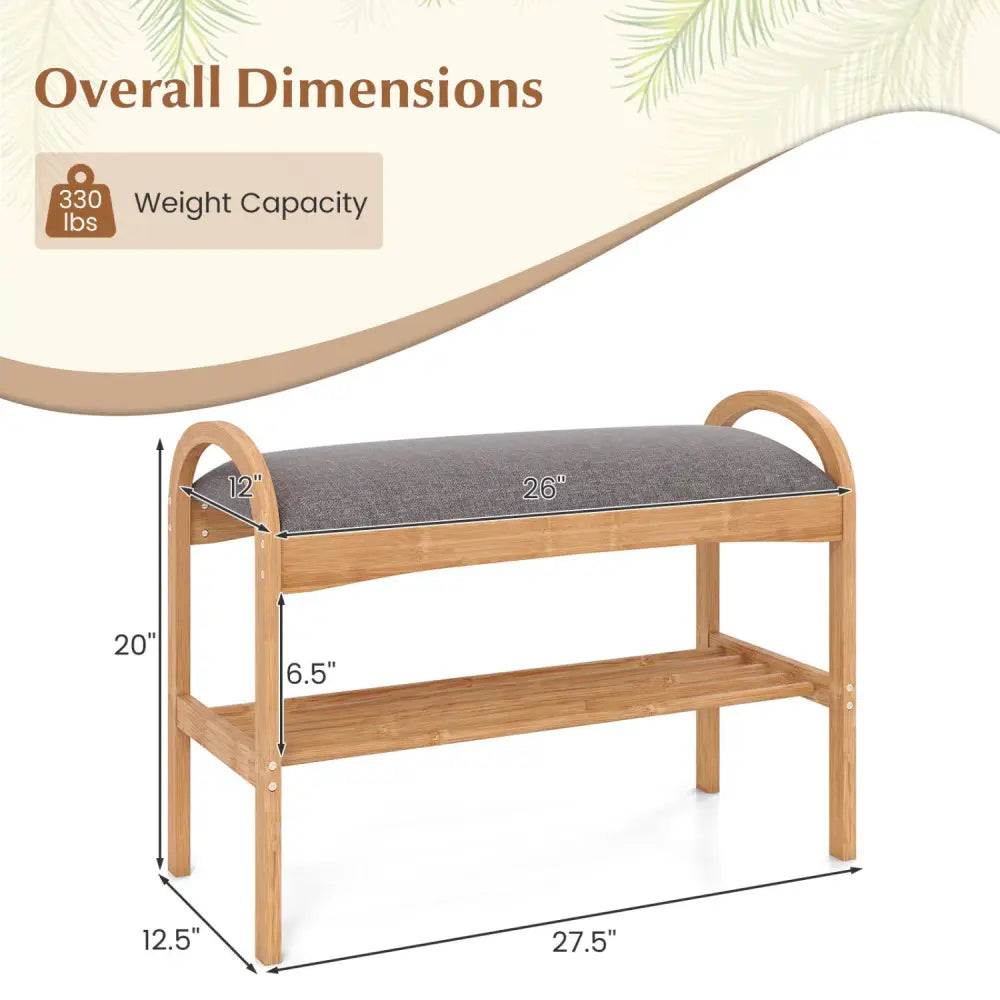 2-Tier Bamboo Shoe Bench with Padded Cushion and Shelf-Gray - Gray - Shoe Racks & Storage Benches