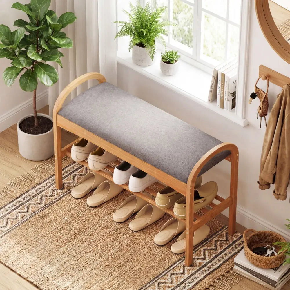 2-Tier Bamboo Shoe Bench with Padded Cushion and Shelf-Gray - Gray - Shoe Racks & Storage Benches
