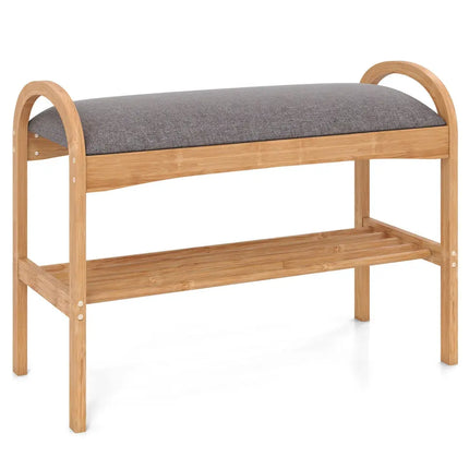 2-Tier Bamboo Shoe Bench with Padded Cushion and Shelf-Gray - Gray - Shoe Racks & Storage Benches