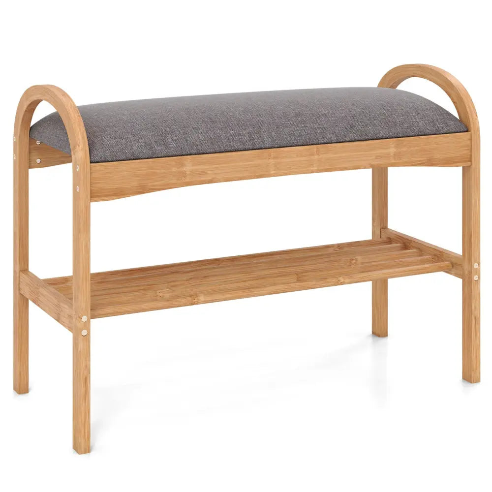 2-Tier Bamboo Shoe Bench with Padded Cushion and Shelf-Gray - Gray - Shoe Racks & Storage Benches