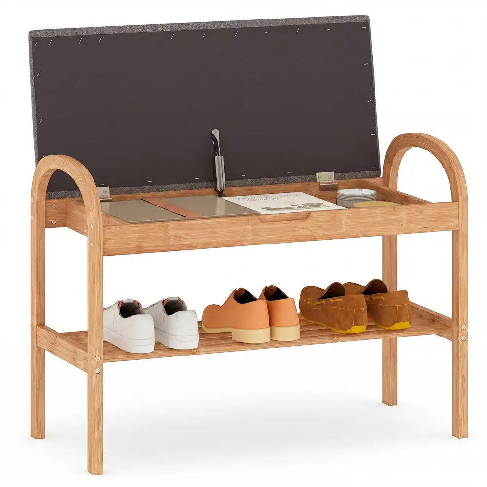 2-Tier Bamboo Shoe Bench with Storage and Padded Cushion-Gray - Gray - Shoe Racks & Storage Benches