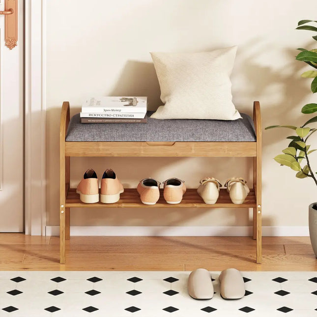 2-Tier Bamboo Shoe Bench with Storage and Padded Cushion-Gray - Gray - Shoe Racks & Storage Benches