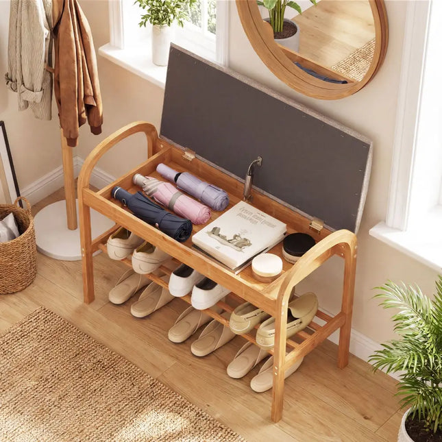 2-Tier Bamboo Shoe Bench with Storage and Padded Cushion-Gray - Gray - Shoe Racks & Storage Benches