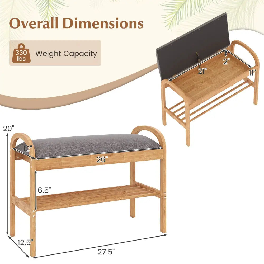 2-Tier Bamboo Shoe Bench with Storage and Padded Cushion-Gray - Gray - Shoe Racks & Storage Benches