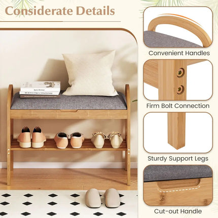 2-Tier Bamboo Shoe Bench with Storage and Padded Cushion-Gray - Gray - Shoe Racks & Storage Benches