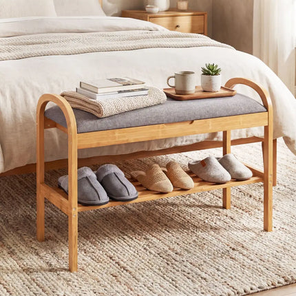 2-Tier Bamboo Shoe Bench with Storage and Padded Cushion-Gray - Gray - Shoe Racks & Storage Benches