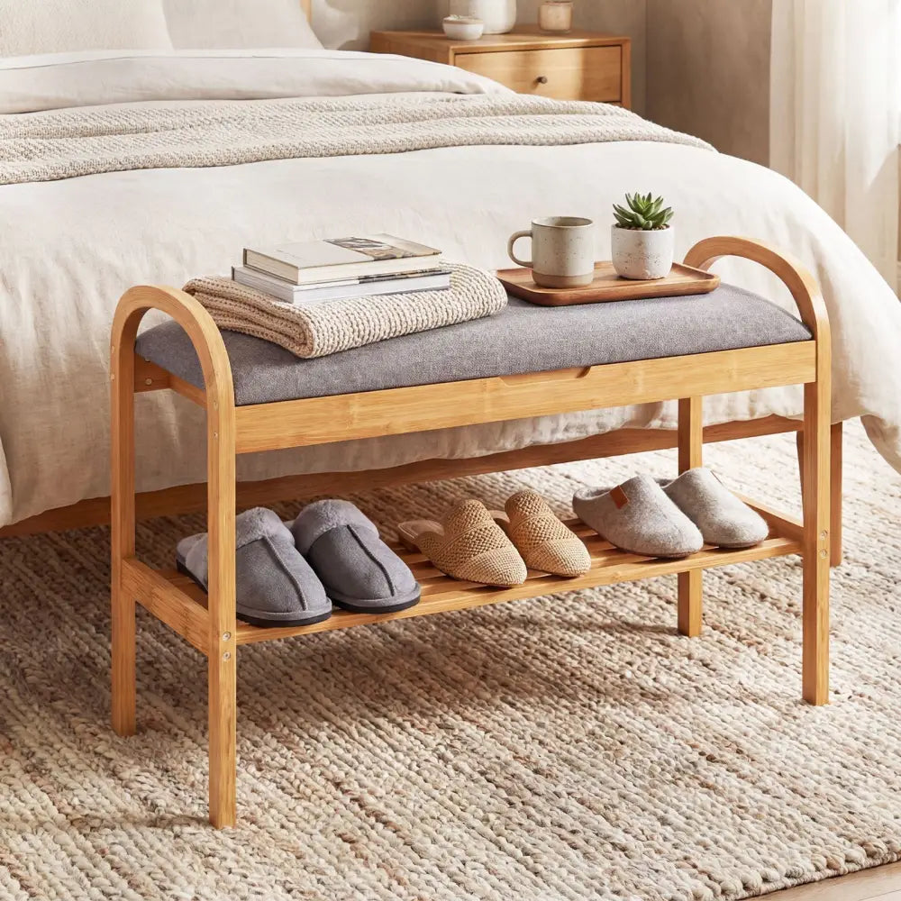 2-Tier Bamboo Shoe Bench with Storage and Padded Cushion-Gray - Gray - Shoe Racks & Storage Benches