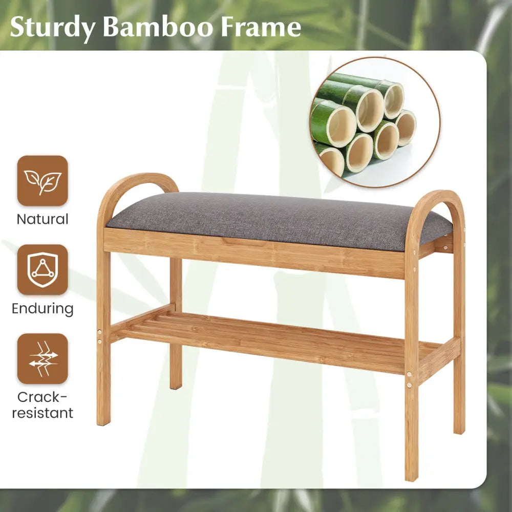 2-Tier Bamboo Shoe Bench with Storage and Padded Cushion-Gray - Gray - Shoe Racks & Storage Benches