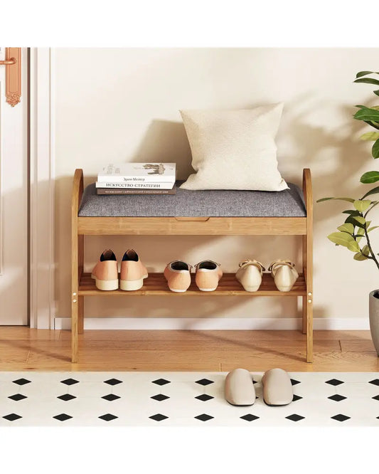2-Tier Bamboo Shoe Bench with Storage and Padded Cushion-Gray - Gray - Shoe Racks & Storage Benches