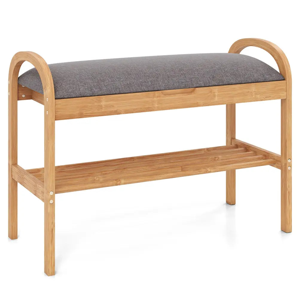2-Tier Bamboo Shoe Bench with Storage and Padded Cushion-Gray - Gray - Shoe Racks & Storage Benches
