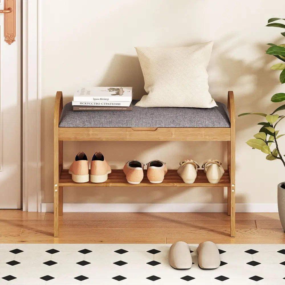 2-Tier Bamboo Shoe Bench with Storage and Padded Cushion-Gray - Gray - Shoe Racks & Storage Benches