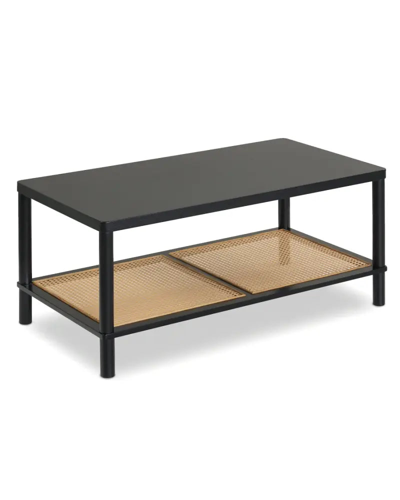 2-Tier Boho Coffee Table for Living Room Rectangular Center Table with Rubber Wood Frame and PVC Rattan Storage