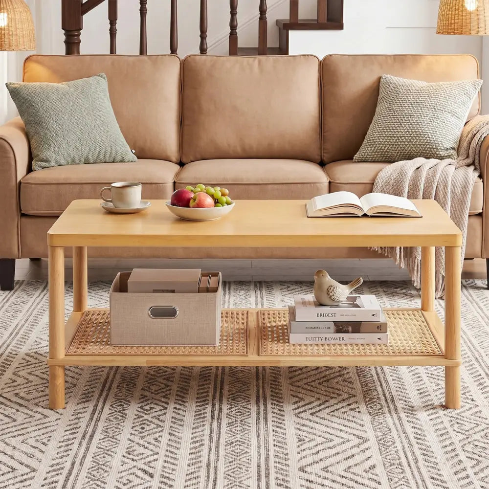 2-Tier Boho Coffee Table for Living Room Rectangular Center Table with Rubber Wood Frame and PVC Rattan Storage