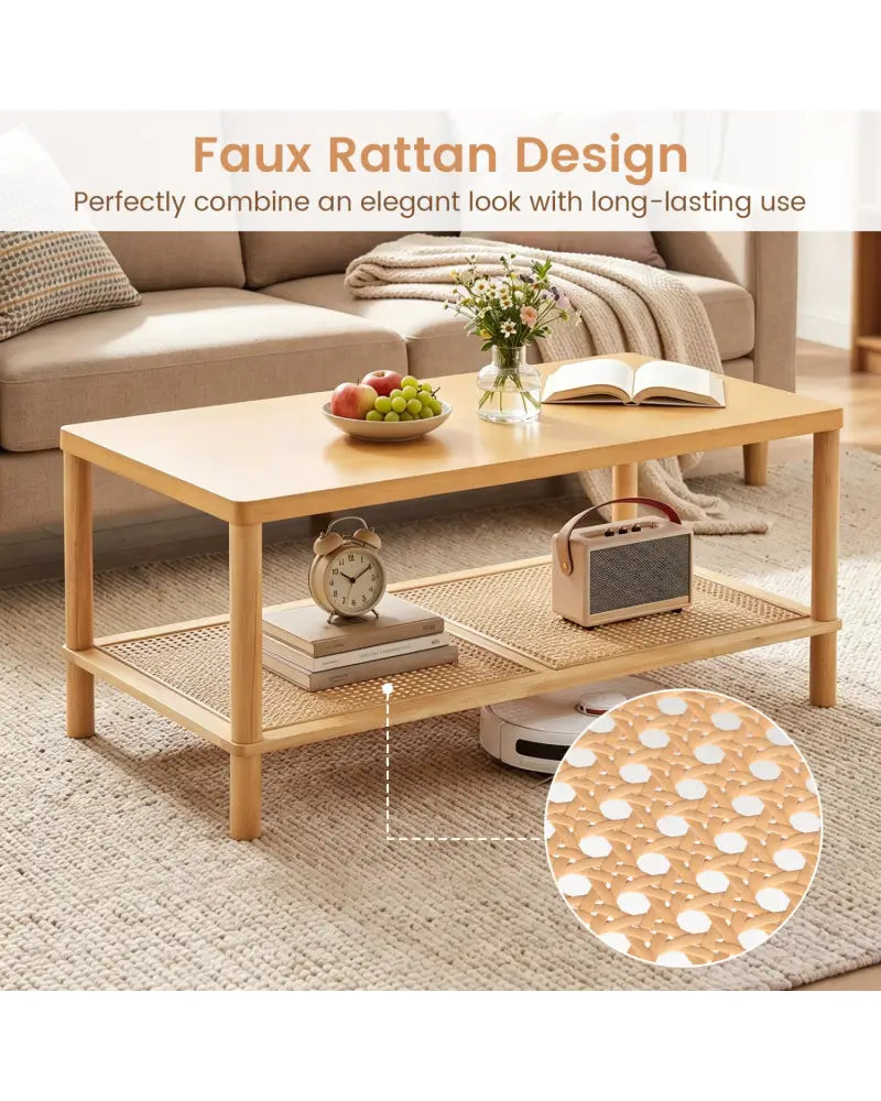 2-Tier Boho Coffee Table for Living Room Rectangular Center Table with Rubber Wood Frame and PVC Rattan Storage