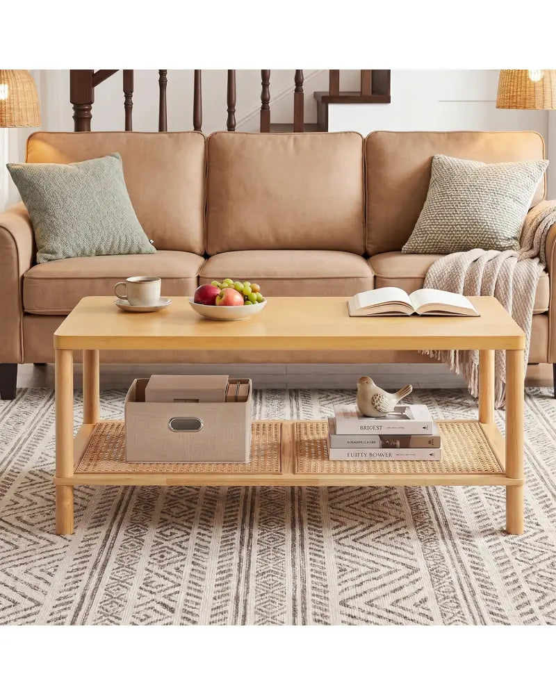 2-Tier Boho Coffee Table for Living Room Rectangular Center Table with Rubber Wood Frame and PVC Rattan Storage