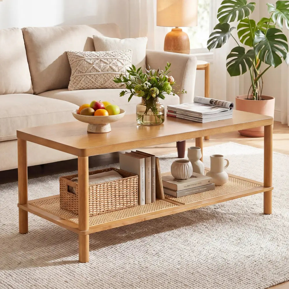 2-Tier Boho Coffee Table for Living Room Rectangular Center Table with Rubber Wood Frame and PVC Rattan Storage