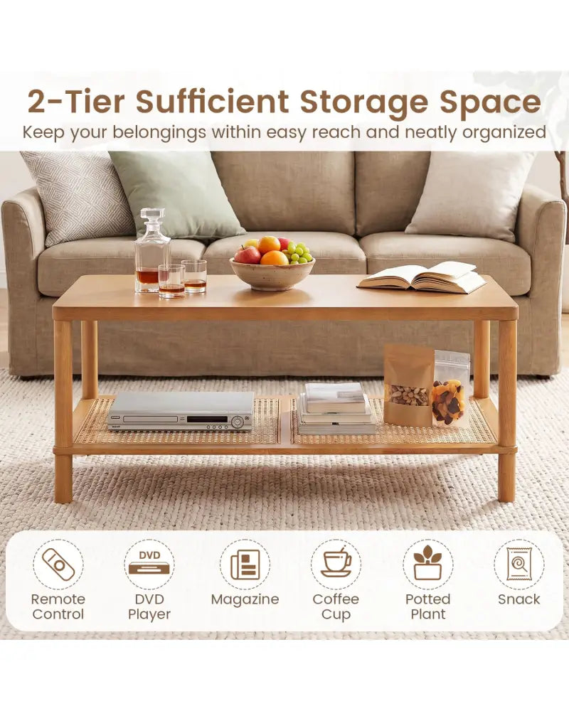 2-Tier Boho Coffee Table for Living Room Rectangular Center Table with Rubber Wood Frame and PVC Rattan Storage