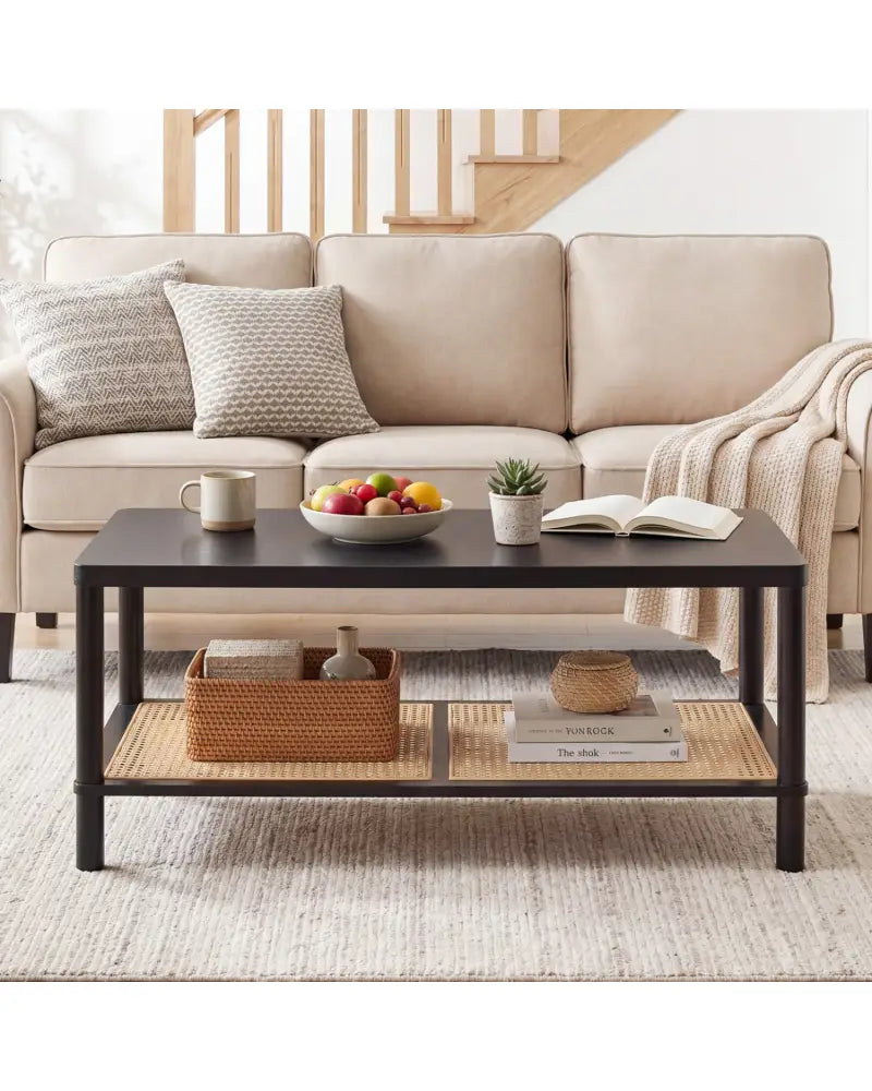 2-Tier Boho Coffee Table for Living Room Rectangular Center Table with Rubber Wood Frame and PVC Rattan Storage