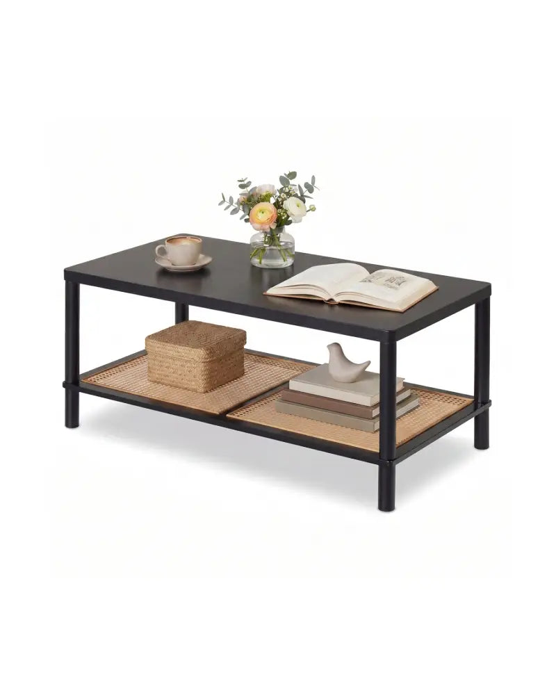 2-Tier Boho Coffee Table for Living Room Rectangular Center Table with Rubber Wood Frame and PVC Rattan Storage