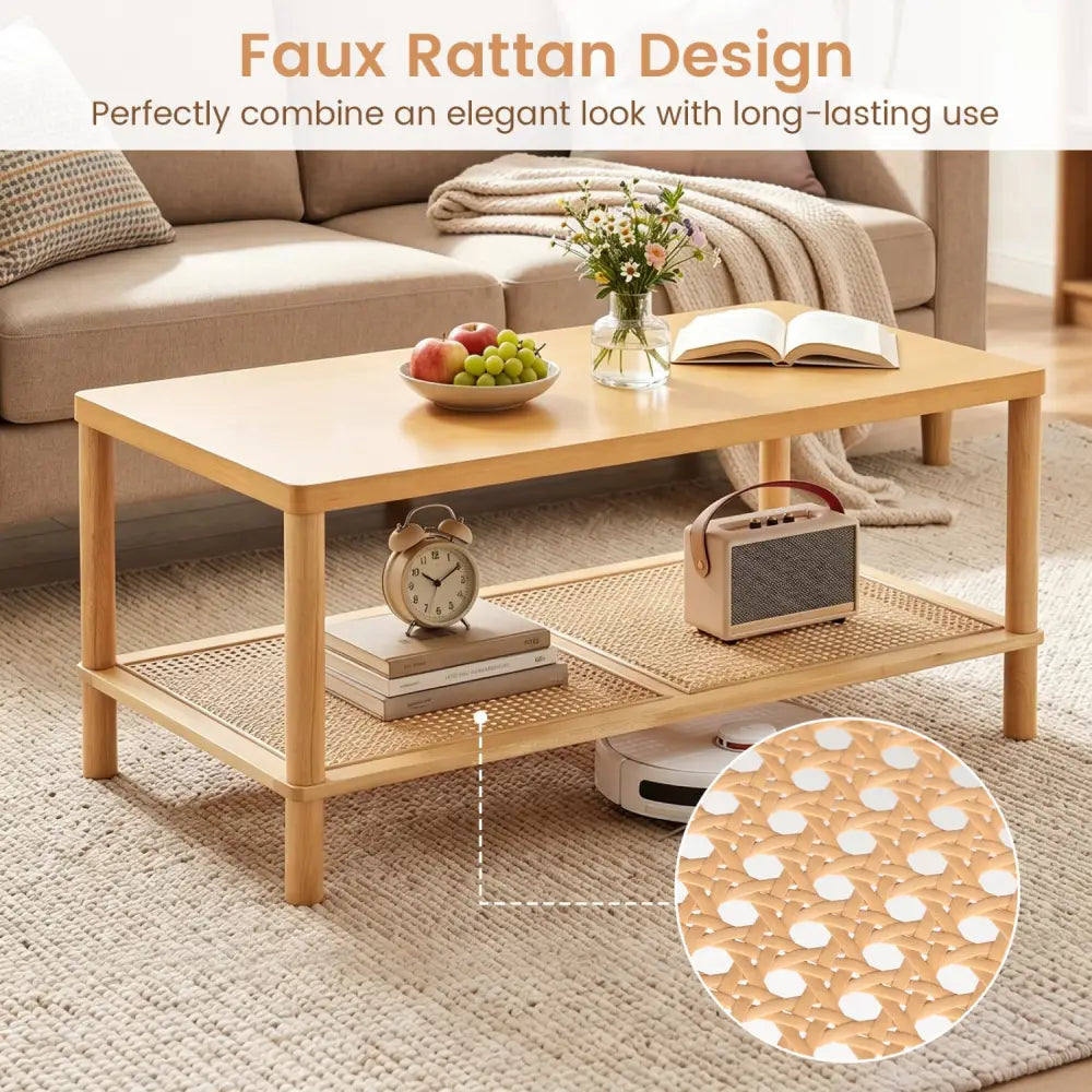 2-Tier Boho Coffee Table for Living Room Rectangular Center Table with Rubber Wood Frame and PVC Rattan Storage