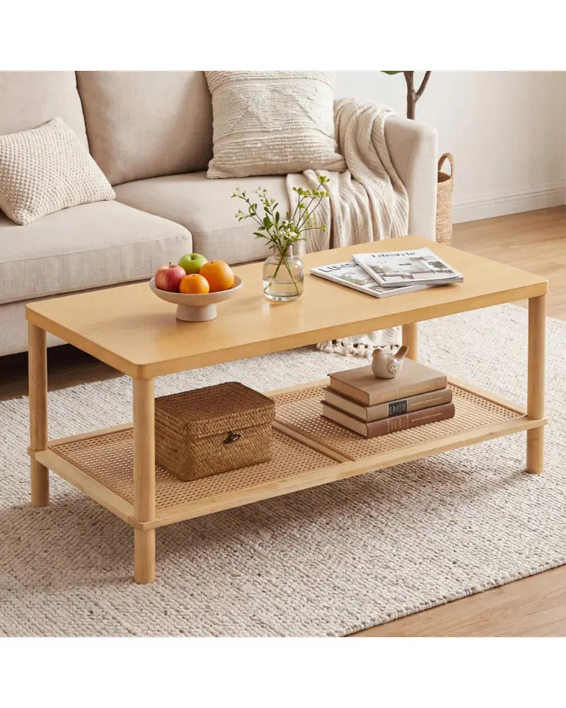2-Tier Boho Coffee Table for Living Room Rectangular Center Table with Rubber Wood Frame and PVC Rattan Storage