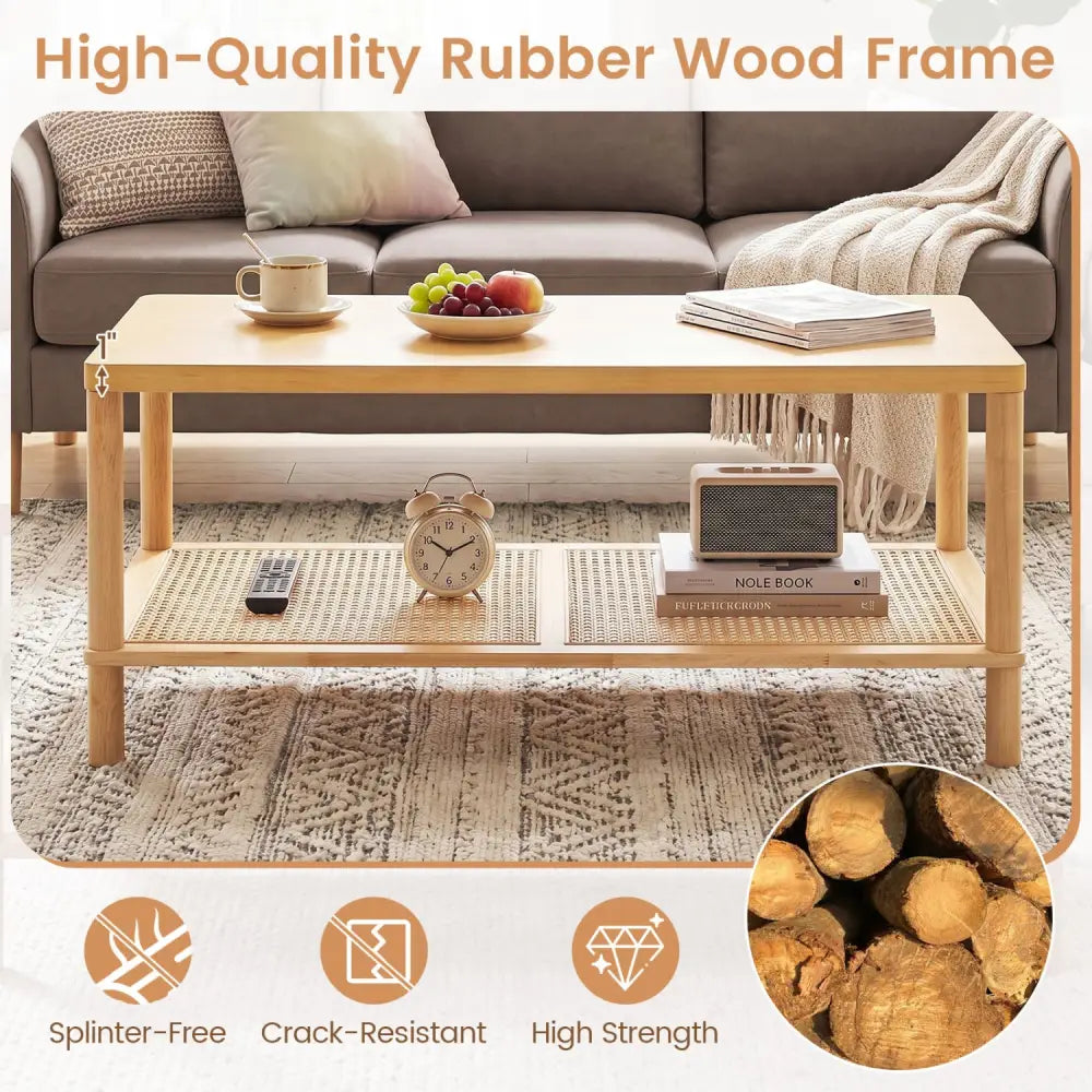 2-Tier Boho Coffee Table for Living Room Rectangular Center Table with Rubber Wood Frame and PVC Rattan Storage