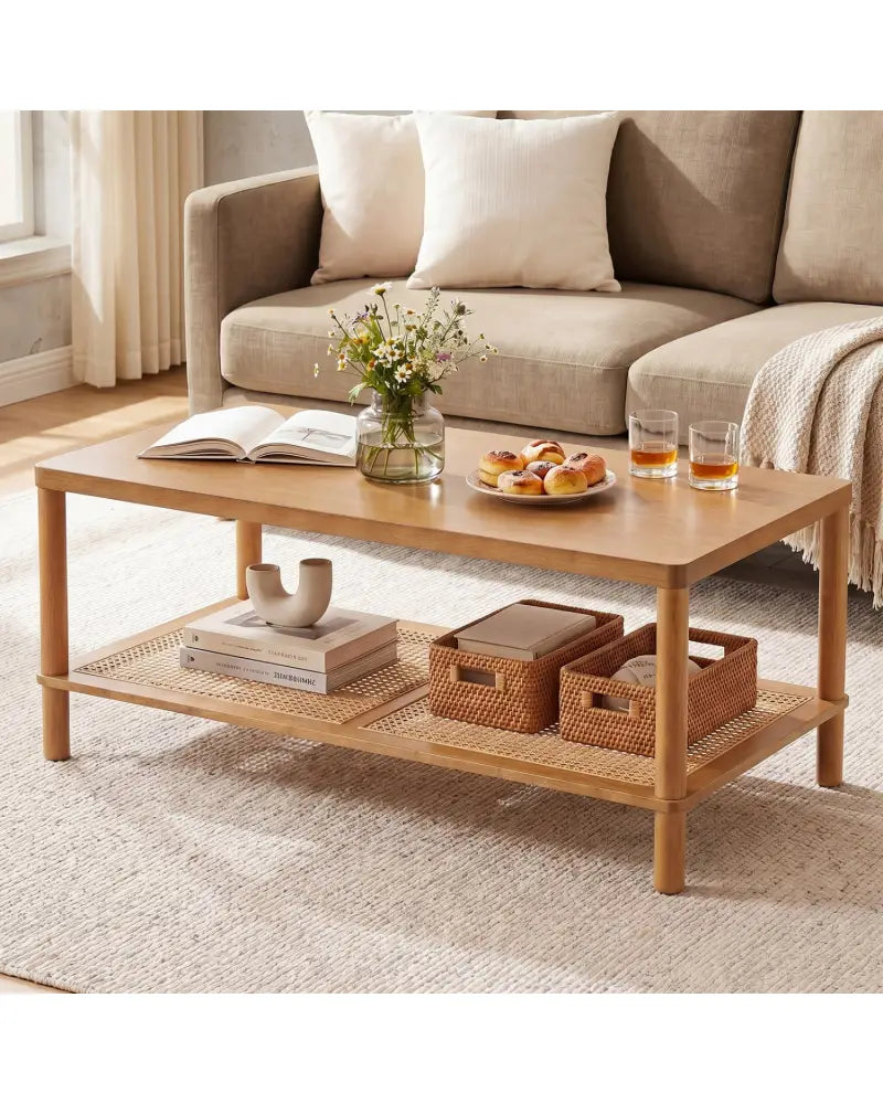 2-Tier Boho Coffee Table for Living Room Rectangular Center Table with Rubber Wood Frame and PVC Rattan Storage