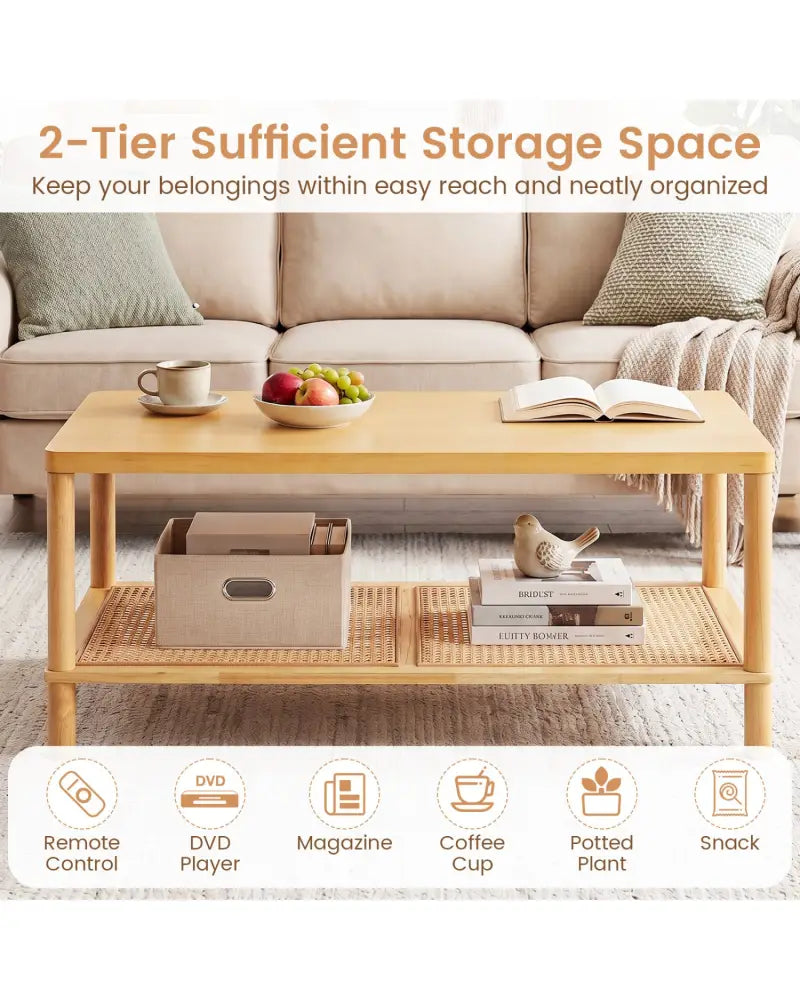 2-Tier Boho Coffee Table for Living Room Rectangular Center Table with Rubber Wood Frame and PVC Rattan Storage