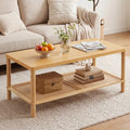 2-Tier Boho Coffee Table for Living Room Rectangular Center Table with Rubber Wood Frame and PVC Rattan Storage