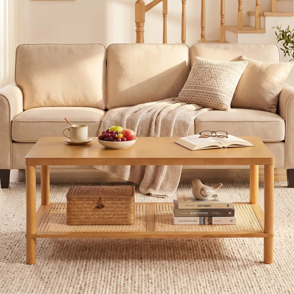2-Tier Boho Coffee Table for Living Room Rectangular Center Table with Rubber Wood Frame and PVC Rattan Storage