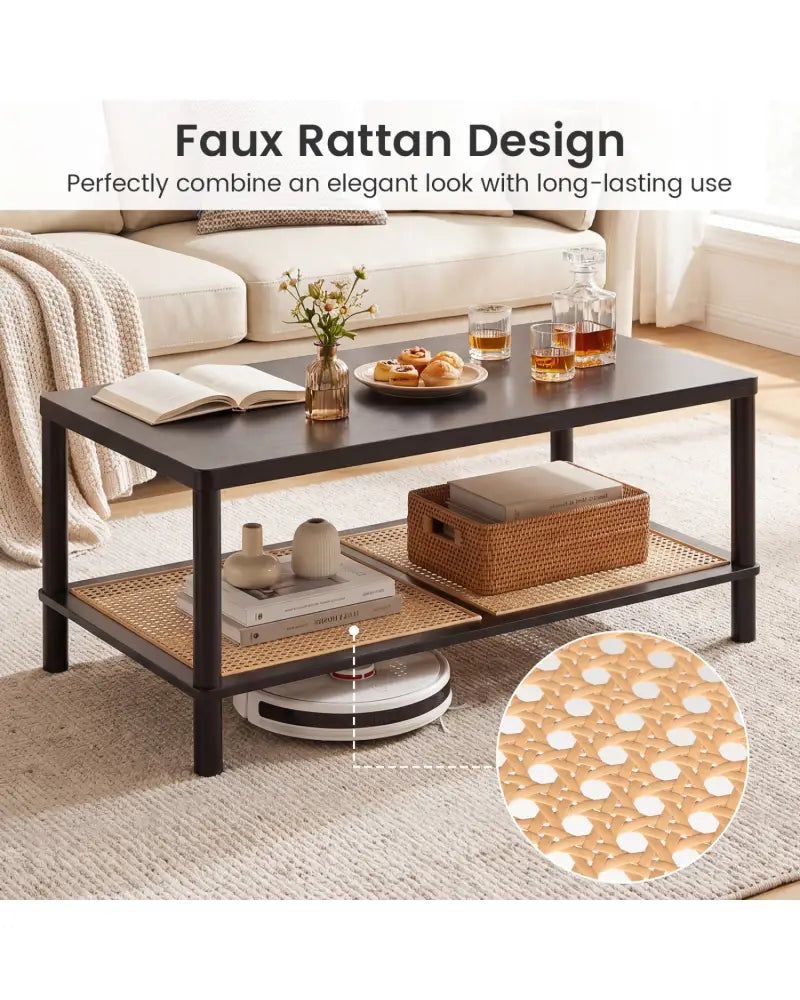 2-Tier Boho Coffee Table for Living Room Rectangular Center Table with Rubber Wood Frame and PVC Rattan Storage