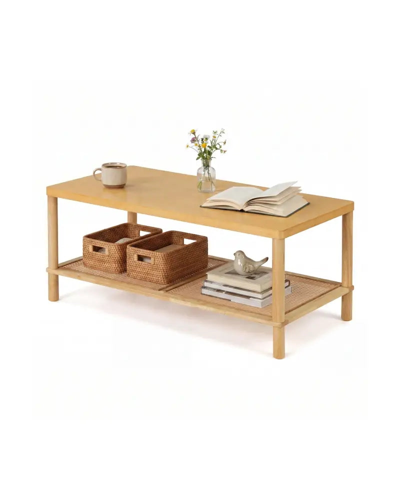 2-Tier Boho Coffee Table for Living Room Rectangular Center Table with Rubber Wood Frame and PVC Rattan Storage
