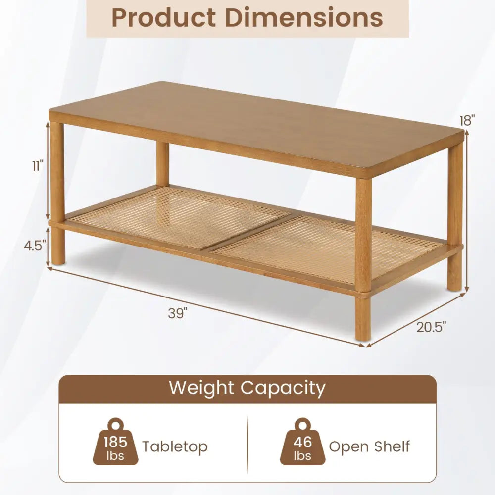 2-Tier Boho Coffee Table for Living Room Rectangular Center Table with Rubber Wood Frame and PVC Rattan Storage