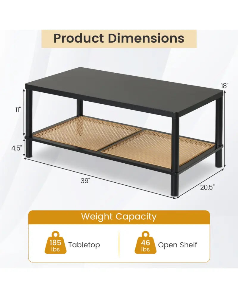 2-Tier Boho Coffee Table for Living Room Rectangular Center Table with Rubber Wood Frame and PVC Rattan Storage