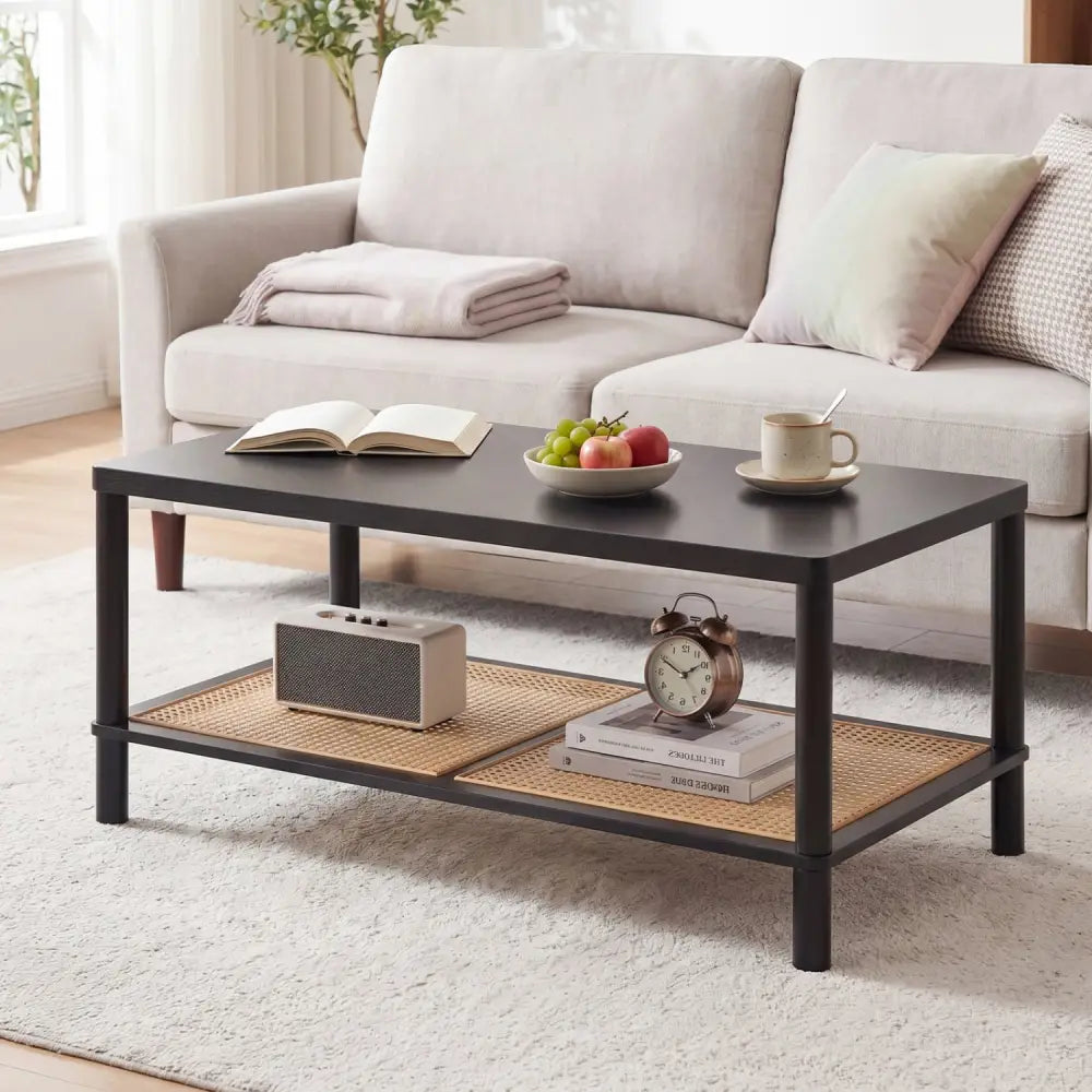 2-Tier Boho Coffee Table for Living Room Rectangular Center Table with Rubber Wood Frame and PVC Rattan Storage